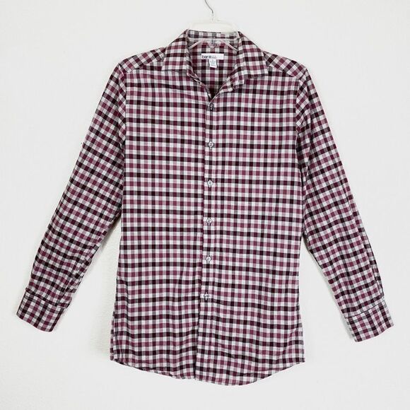 Bar III Slim Fit Red & Grey Gingham Plaid Long Sleeve Button Up Shirt - Picture 1 of 4